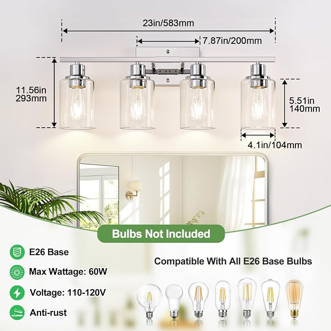 4 Light Bathroom Light Fixtures, Chrome Vanity Lights - Image 7