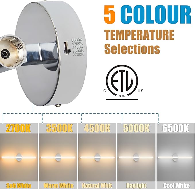 Bathroom Wall Sconces Set of 2 Hardwired, Dimmable 5CCT LED Bathroom Light - Image 3