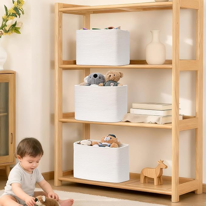 3 Pack Cube Storage Bin, 17”x12”x12” Cotton Rope Woven Baskets - Image 6