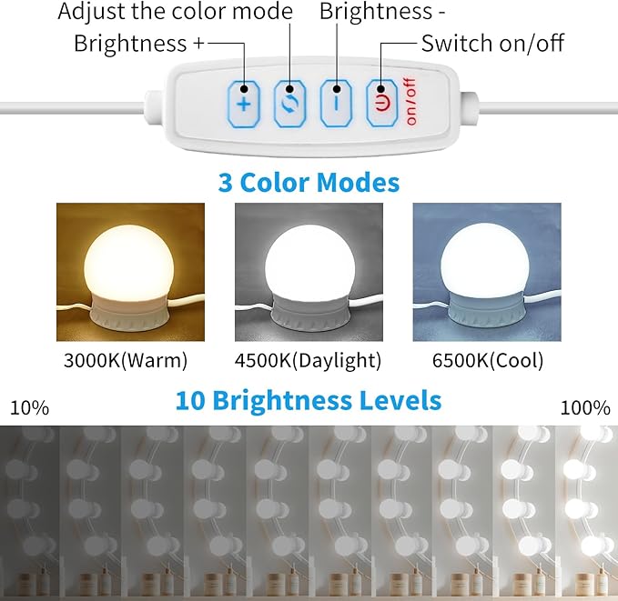 LED Vanity Mirror Lights with 12 Stick On Dimmable Bulbs, 3000K 4500K 6500K & - Image 2