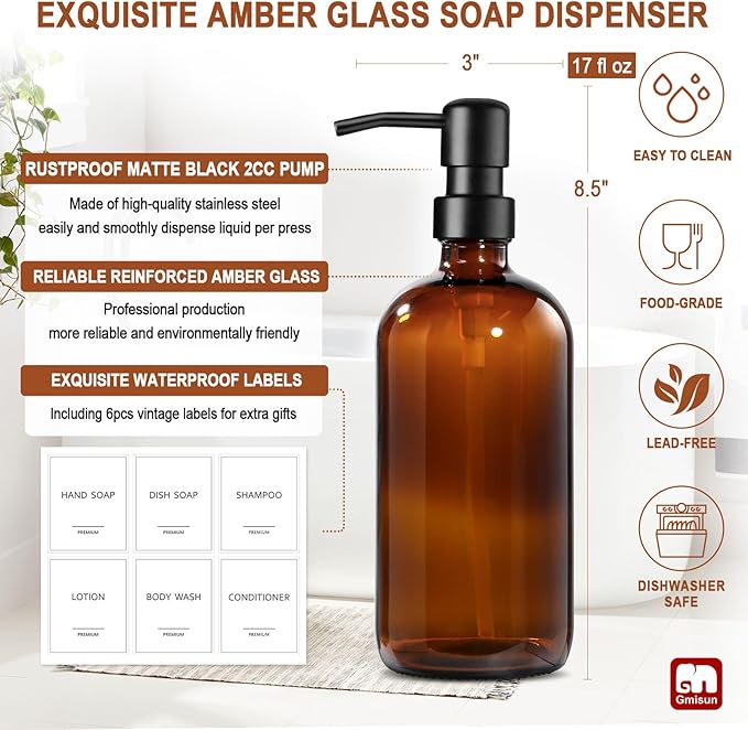 GMISUN Amber Glass Soap Dispenser, 6 Pack Bathroom Hand Soap Dispensers - Image 3