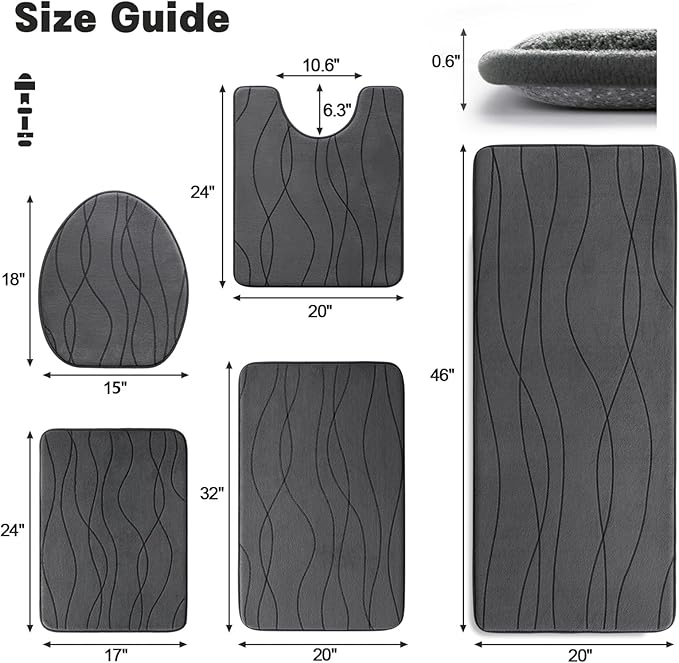 YIHOUSE Memory Foam Grey Bathroom Rug Sets 5 Piece, Ultra Absorbent Bath Mat - Image 2