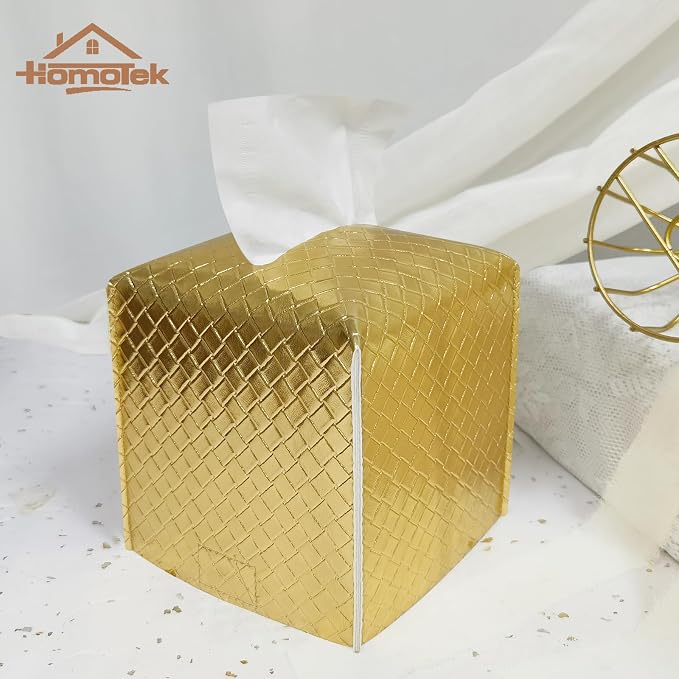HOMOTEK 2 Pack Tissue Box Cover, Square PU Leather Tissue Holder, Decorative - Image 3