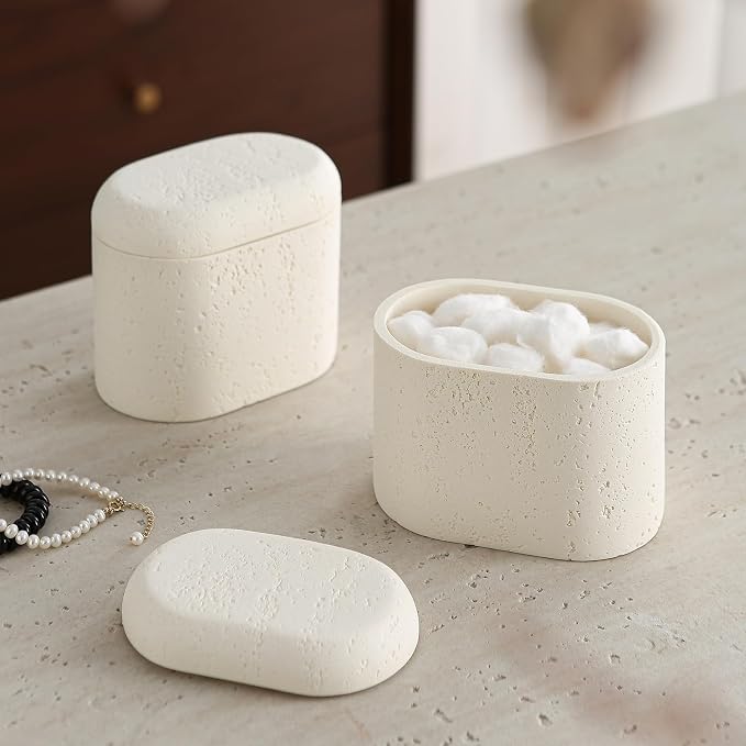 Bathroom Qtip Holder Container, Travertine Stone Look Storage Jars - Image 3