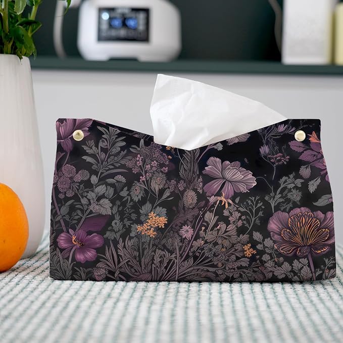 Black Floral Leather Tissue Box Cover Rectangle, Spring Flower Toilet Paper Box - Image 2