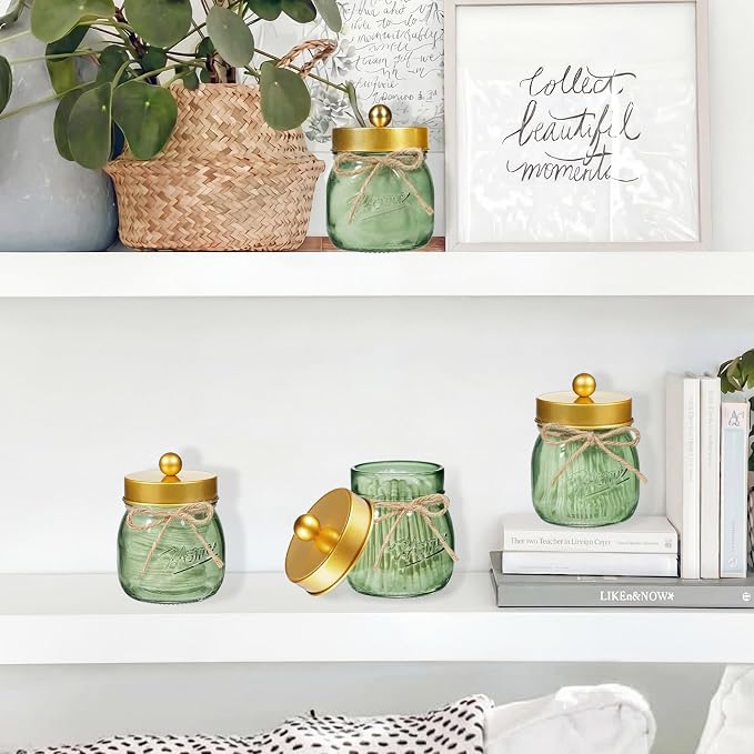 SheeChung Green Glass Qtip Holder Dispenser, Mason Jar Apothecary Jars - Image 3