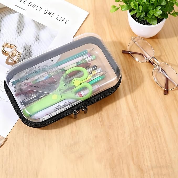 2PC Black Small Clear Hard Shell Zipper Case, Double Zippers Plastic Storage Box - Image 3