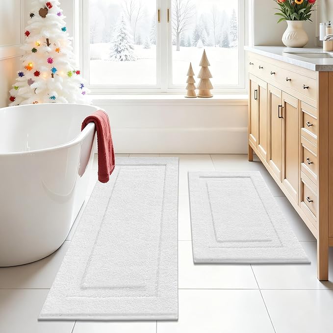 SHACOS White Bathroom Rugs Sets 2 Piece 32x20 + 47x20 inch, Non Slip Bath Mat - Image 4