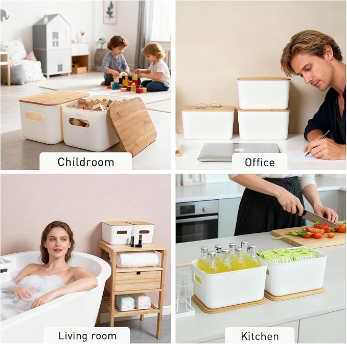 Citylife Storage Bins with Bamboo Lids 6QT Plastic Storage Containers Stackable - Image 7