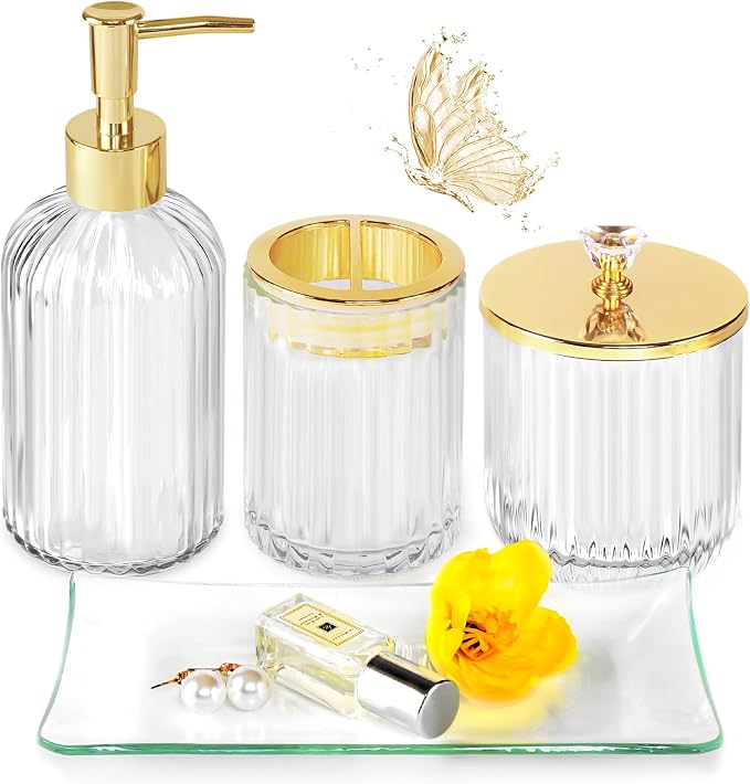 Gold Bathroom Accessories Set, Toothbrush Holder, Apothecary Jar, Vanity Tray by Jenseits