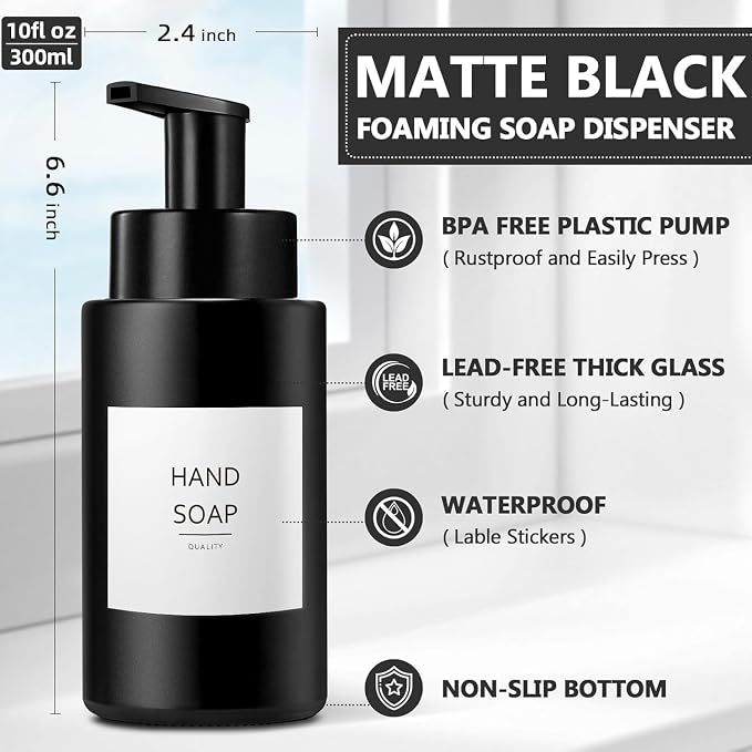 Matte Black Foaming Hand Soap Dispenser, 10 oz/300ml Glass Foam Dispenser - Image 4