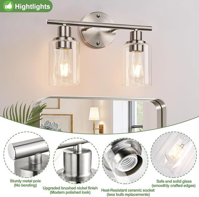 2-Light Bathroom Light Fixtures, Brushed Nickel Vanity Light, Modern Vanity - Image 4