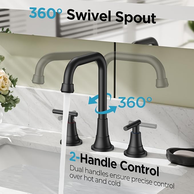FORIOUS Black Bathroom Faucet for Sink 3 Hole, Widespread Matte Black Bathroom - Image 5