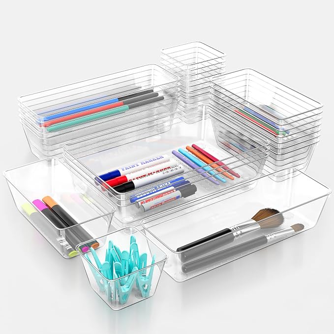 12 Piece Clear Drawer Organizer Set, 3 Sizes Bathroom Vanity Organizer Trays - Image 8
