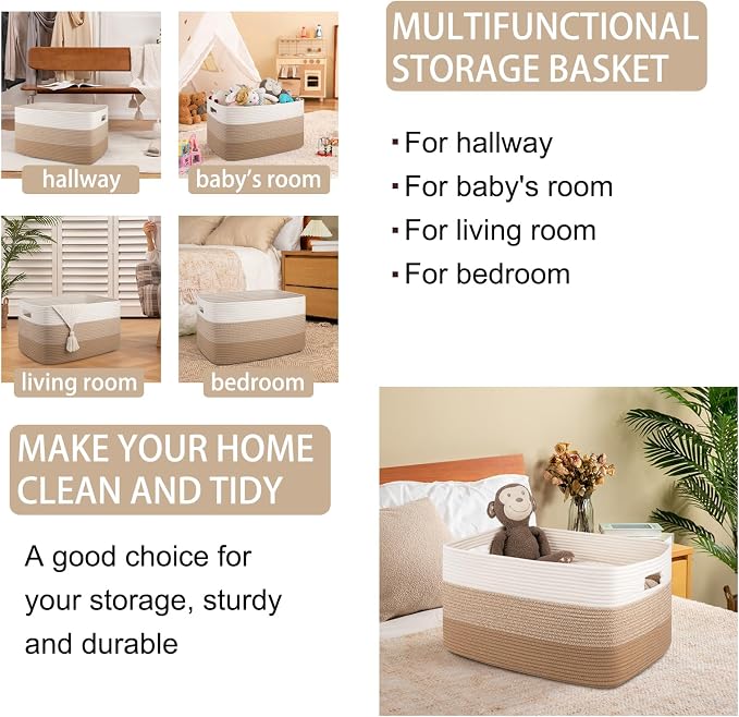OIAHOMY Large Blanket Basket For Living Room, Rectangle Woven Baskets for - Image 4