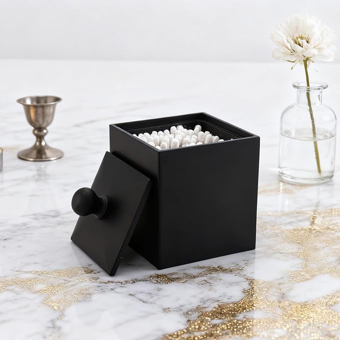 Cotton Swab Holder with Lid, Square Qtip Holder Bathroom Black, 2 Slot Resin - Image 3