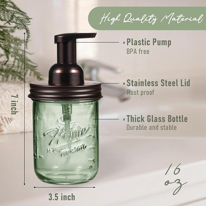SheeChung Mason Jar Foaming Soap Dispenser, Stainless Steel Lid, BPA Free Pump - Image 3