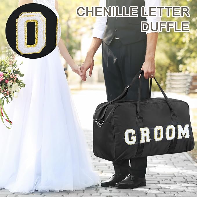 2 Pcs Wedding Weekender Bag Bride Groom Duffle Bag Chenille Letter Patch Travel - Image 3