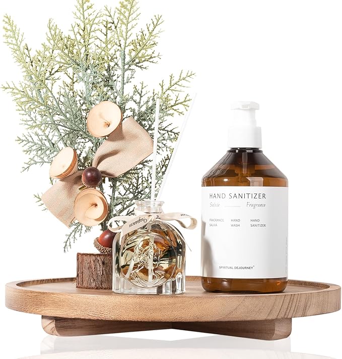 Round Decorative Tray Wood Bathroom Counter Organizer Farmhouse Kitchen Decor - Image 4