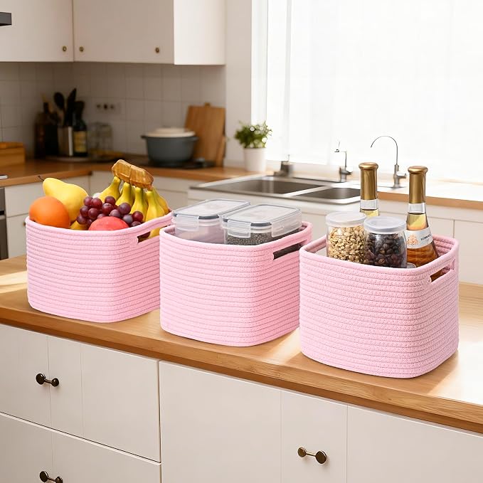 3 Pack Cube Storage Bin, 9”x9”x7” Cotton Rope Woven Baskets - Image 6
