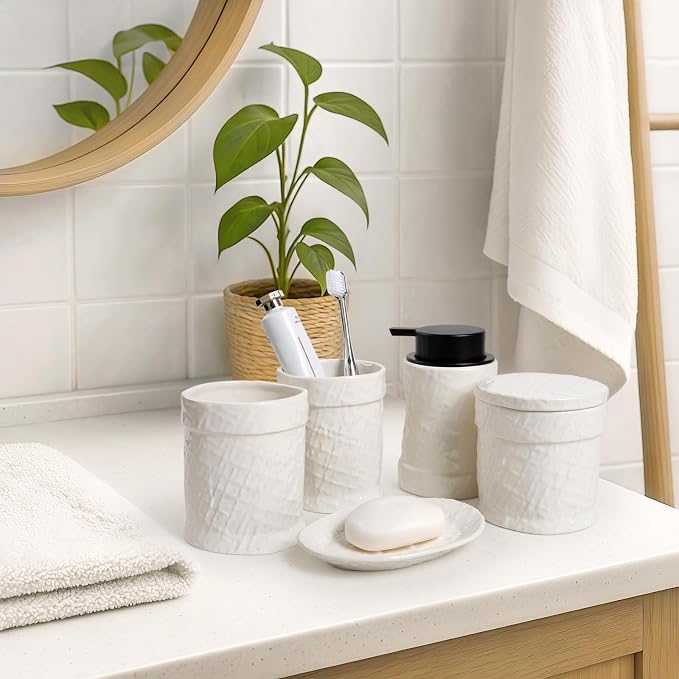 White Bathroom Accessory Set 5PCS, Ceramic Bathroom Accessories Set, Minimalist - Image 5