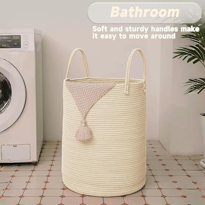 Large Woven Laundry Basket Hamper, 80L Cotton Rope Storage Bin - Image 5