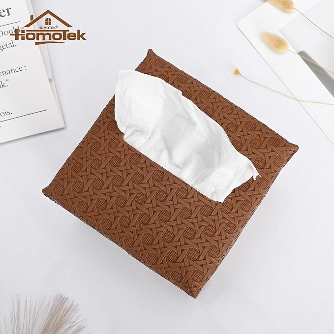 HOMOTEK 2 Pack Tissue Box Cover, Square PU Leather Tissue Holder, Decorative - Image 2