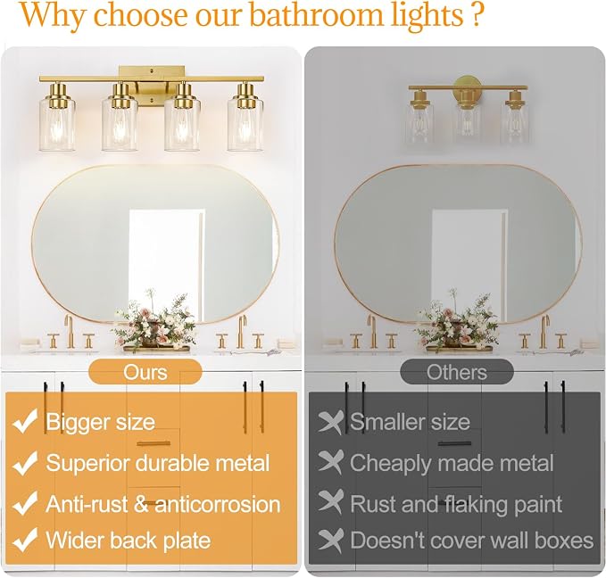 4-Light Vanity Lights with Clear Glass Shades, Brushed Gold Bathroom Light - Image 2