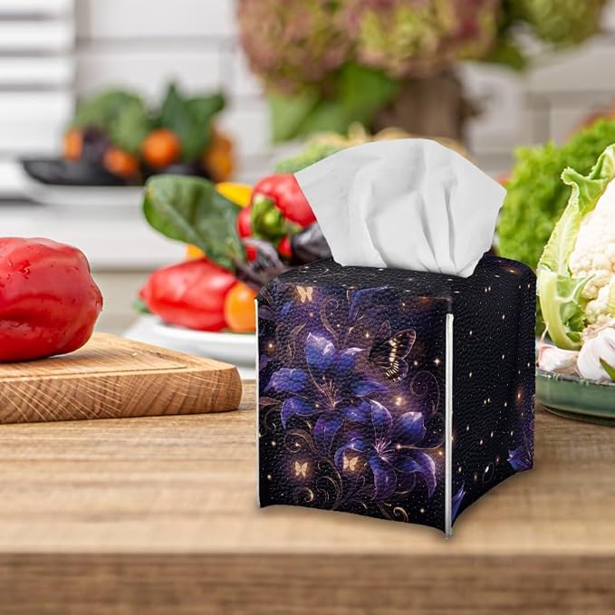 Purple Flower Tissue Box Holder Stylish Leather Square Tissue Box Cover - Image 5