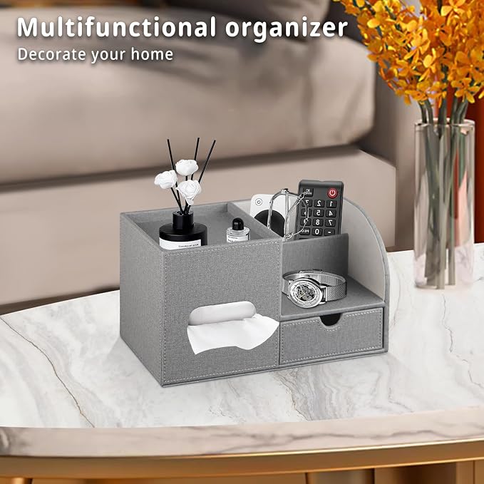 YAPISHI Tissue Box Cover with Storage Tray and Drawer, PU Leather Square Tissue - Image 2