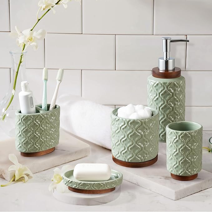 Elegant Bathroom Accessories Set 5 PCS Ceramic and Wood Bathroom Accessory Set - Image 5