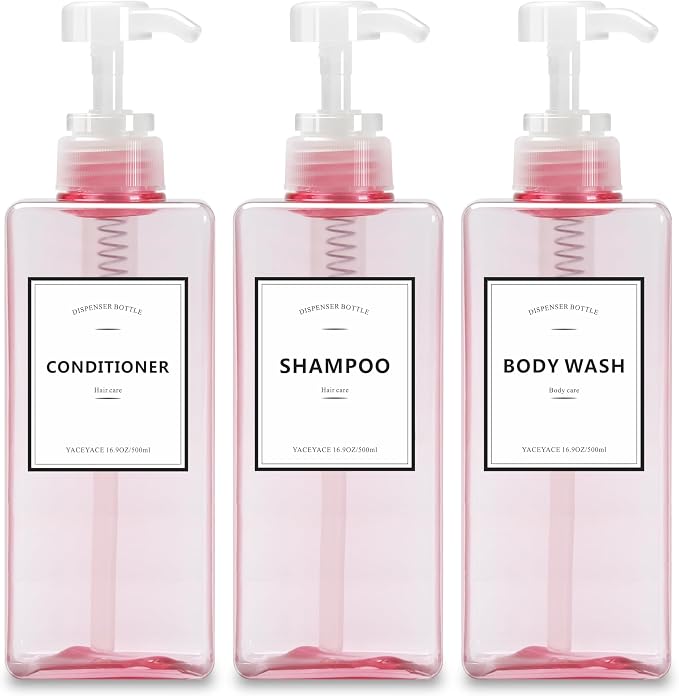 Pink Shampoo and Conditioner Set of 3, 16.9oz Clear Shampoo Bottles by YACEYACE