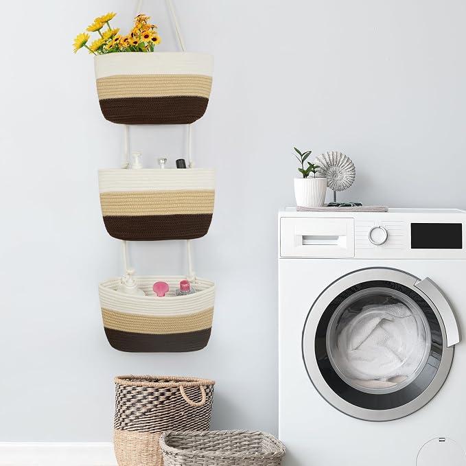 TeoKJ Over the Door Hanging Baskets, 3-Tier Woven Cotton Storage Organizer Bag - Image 7