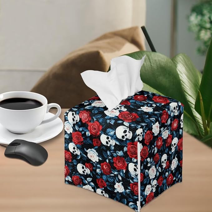 Red Rose Skull Modern Tissue Box Holder, Waterproof Square PU Leather Napkin - Image 4