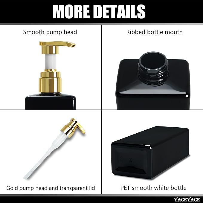 Black Shampoo Bottles with Gold Pump YACEYACE 16.9oz Set of 3 Shampoo and - Image 4