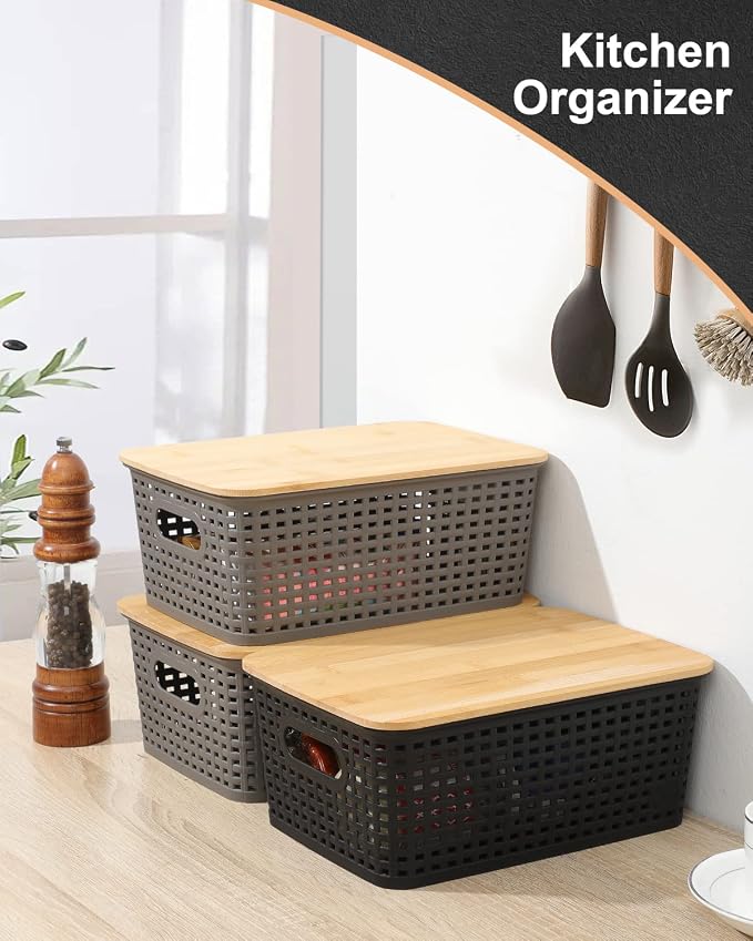 AREYZIN Storage Bins with Bamboo Lids Set of 6 Lidded Storage Container Plastic - Image 6