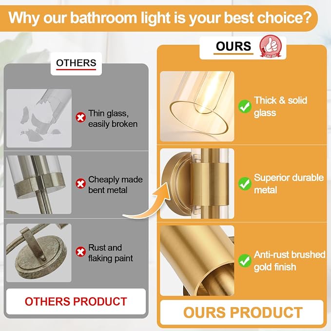 Wall Sconces Set of Two, Brushed Gold Bathroom Sconces Wall Lighting - Image 2