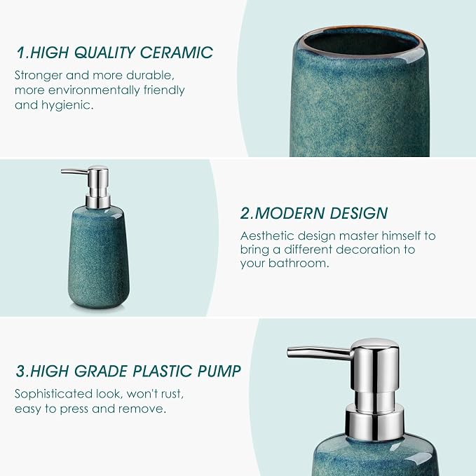 vancasso Green Bathroom Accessories Set, Ceramic Soap Dispenser and Toothbrush - Image 3