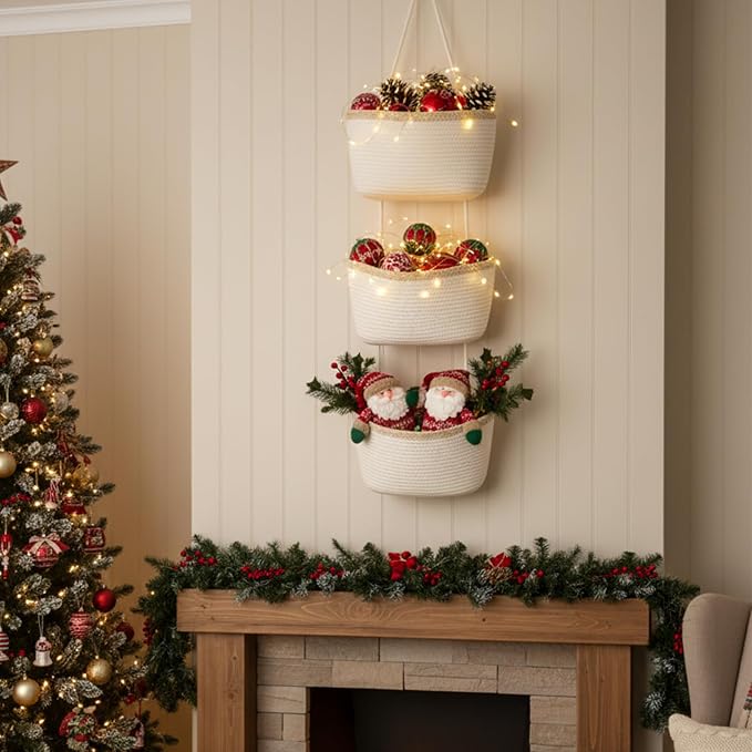 TeoKJ Over the Door Hanging Basket, 3-Tier Woven Cotton Wall-Mounted Storage - Image 8