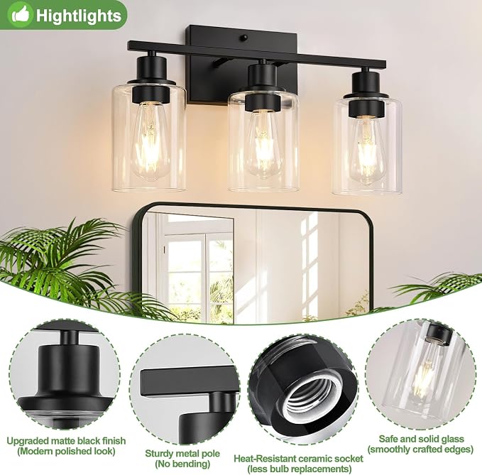 3 Light Bathroom Light Fixtures, Matte Black Modern Vanity Lights - Image 3