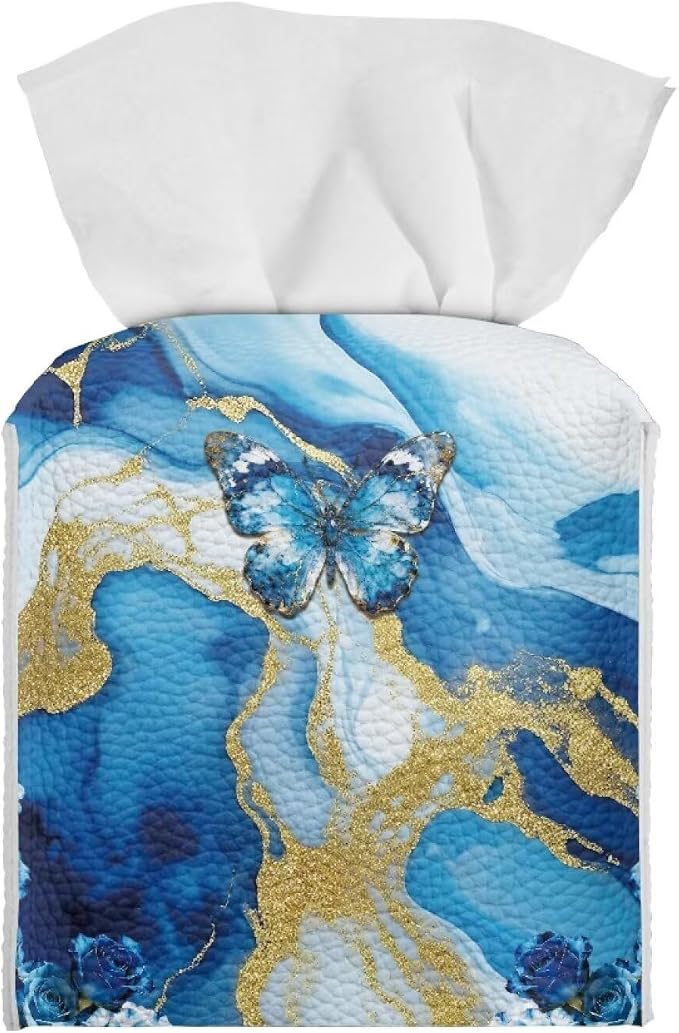 Blue Marble Butterfly Modern Tissue Box Holder, Waterproof Square PU Leather by Pzuqiu