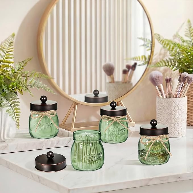 SheeChung Green Glass Qtip Holder Dispenser, Mason Jar Apothecary Jars - Image 2