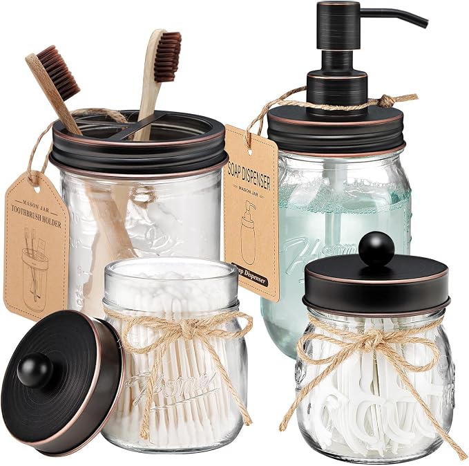 Amolliar Mason Jar Bathroom Accessories Set 4 Pcs -Lotion Soap Dispenser & 2 by Amolliar