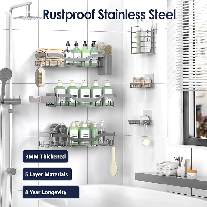 Shower Caddy Adhesive Shower Organizer 8-Pack, Rustproof Stainless Steel - Image 5