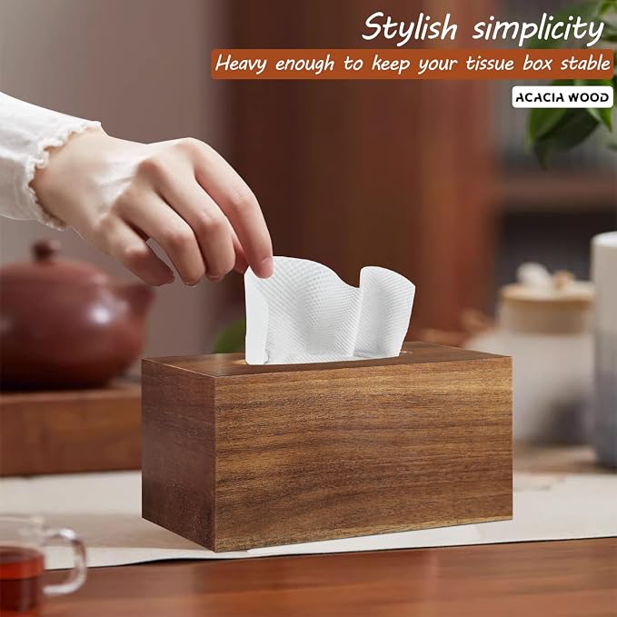 BIBELUN Tissue Box Cover, Acacia Wood Tissue Box Cover Rectangle - Image 2