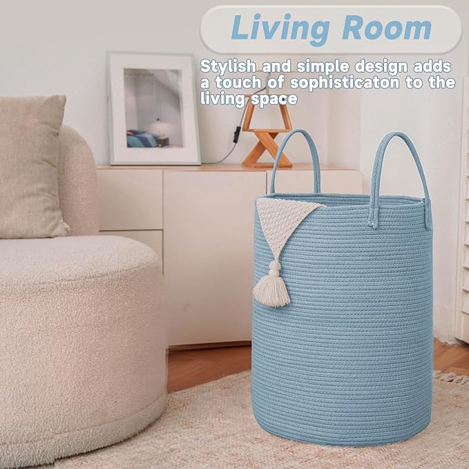 Large Woven Laundry Basket Hamper, 60L Cotton Rope Storage Bin - Image 3