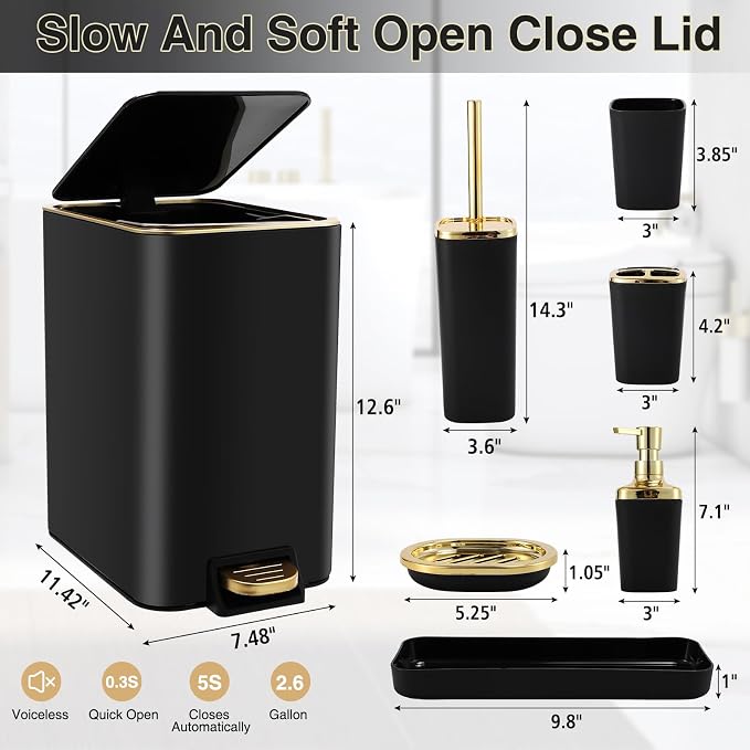 Black Bathroom Accessories 8 Piece Black and Gold Bathroom Set, Bathroom - Image 6