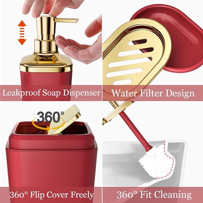 Dark Red Bathroom Accessory Set, 9-Piece Burgundy Bathroom Set - Image 4