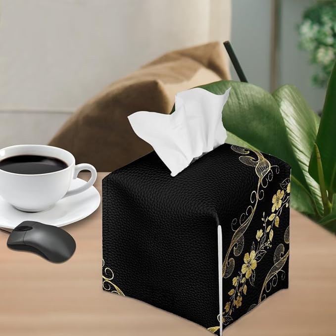 Black Marble Flower Tissue Box Holder Stylish Leather Square Tissue Box Cover - Image 4