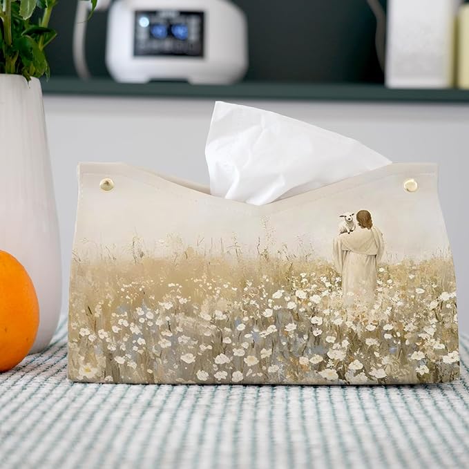 Jesus Leather Tissue Box Cover Rectangle, Christian Toilet Paper Box Holder - Image 2